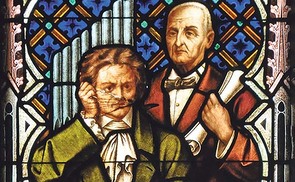 Detail eines Gemäldefensters im Mariendom: Anton Bruckner (rechts) mit Ludwig van Beethoven.